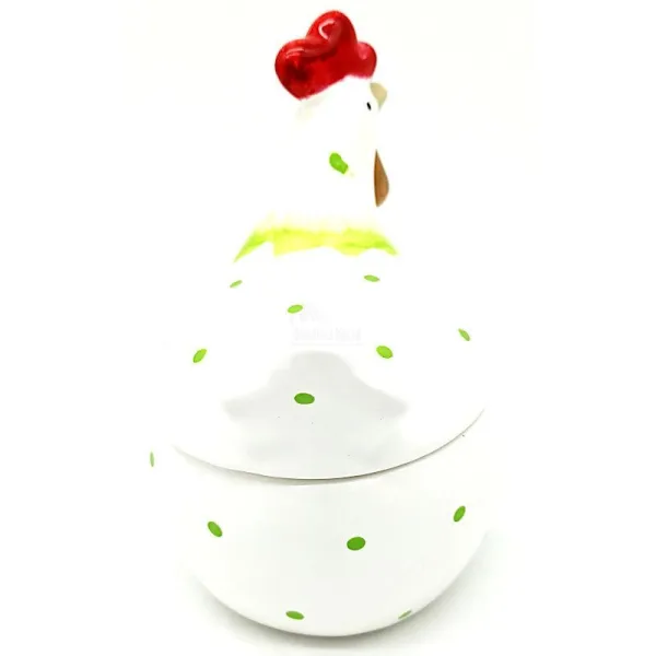 Ceramic Chicken Bonbonnière with green polka dots