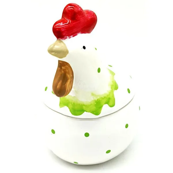 Ceramic Chicken Bonbonnière with green polka dots