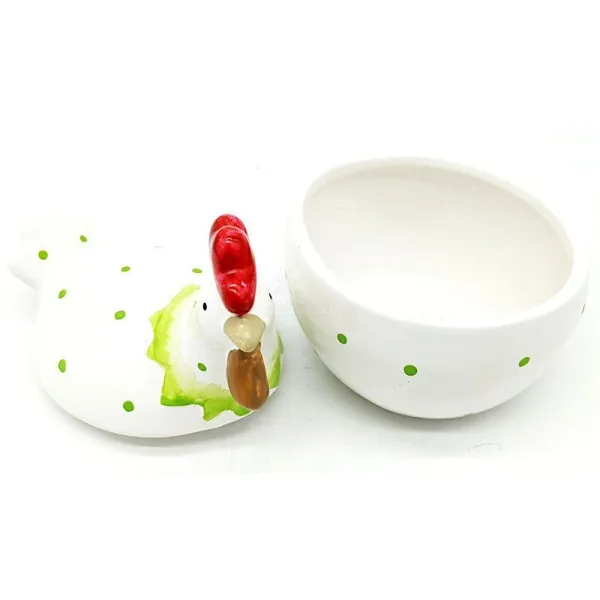 Ceramic Chicken Bonbonnière with green polka dots