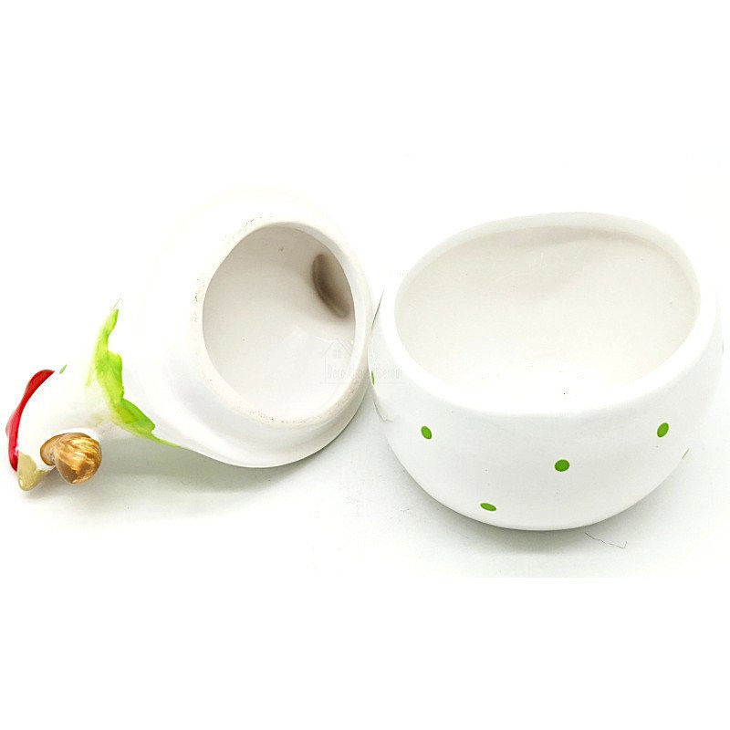 Ceramic Chicken Bonbonnière with green polka dots