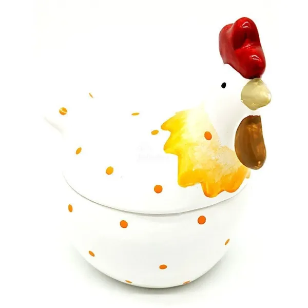 Ceramic Chicken Bonbonnière with orange polka dots