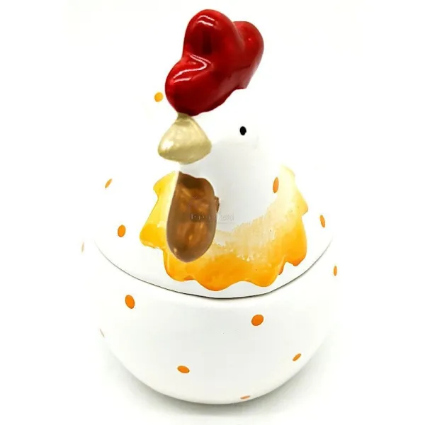 Hähnchen-Bonbonnière aus Keramik mit orangefarbenen Punkten