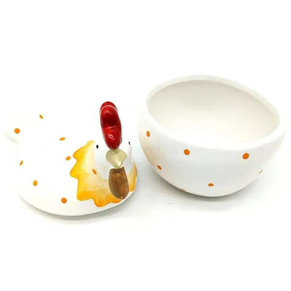 Ceramic Chicken Bonbonnière with orange polka dots
