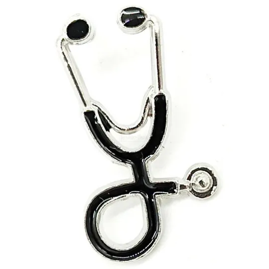 Broche Pin's argenté Fantaisie Stéthoscope Noir émaillé