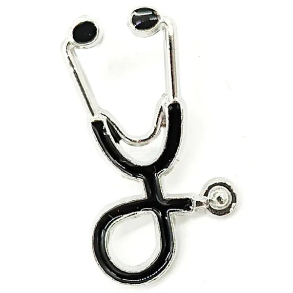 Brooch Silver Pin Fancy Enamelled Black Stethoscope
