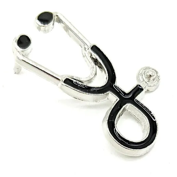Brooch Silver Pin Fancy Enamelled Black Stethoscope
