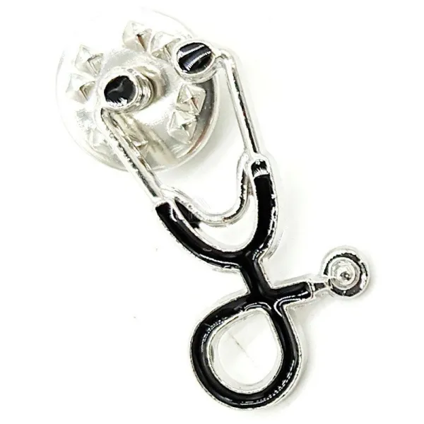 Broche Pin's argenté Fantaisie Stéthoscope Noir émaillé