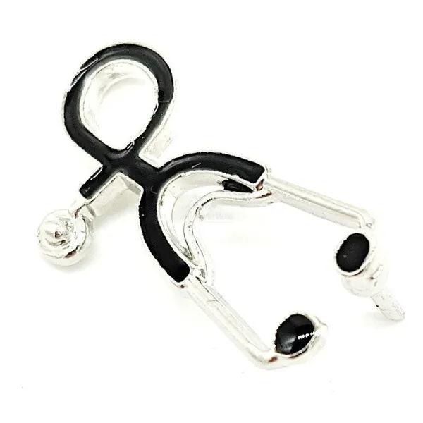 Brooch Silver Pin Fancy Enamelled Black Stethoscope