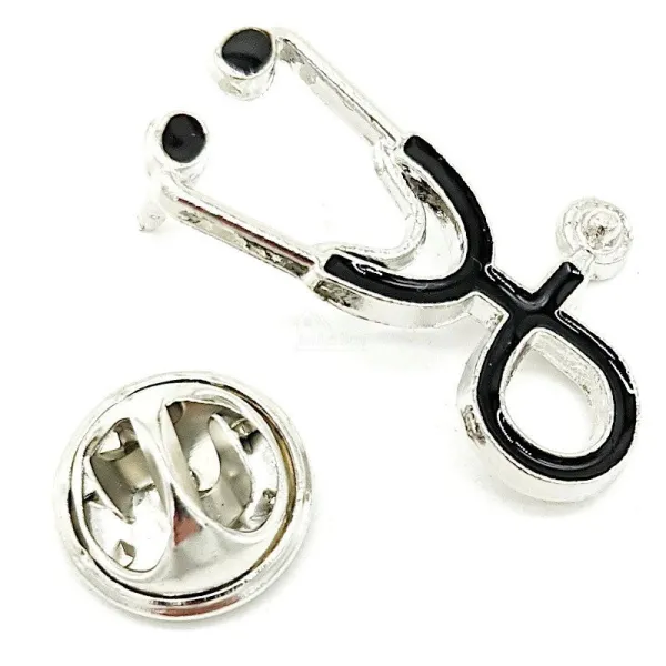 Brooch Silver Pin Fancy Enamelled Black Stethoscope