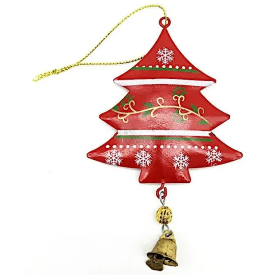 Hangend Dennenboompje in Rood Metaal met Sneeuwvlokken Decoratie