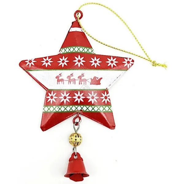 Red metal hanging star with Christmas decoration
