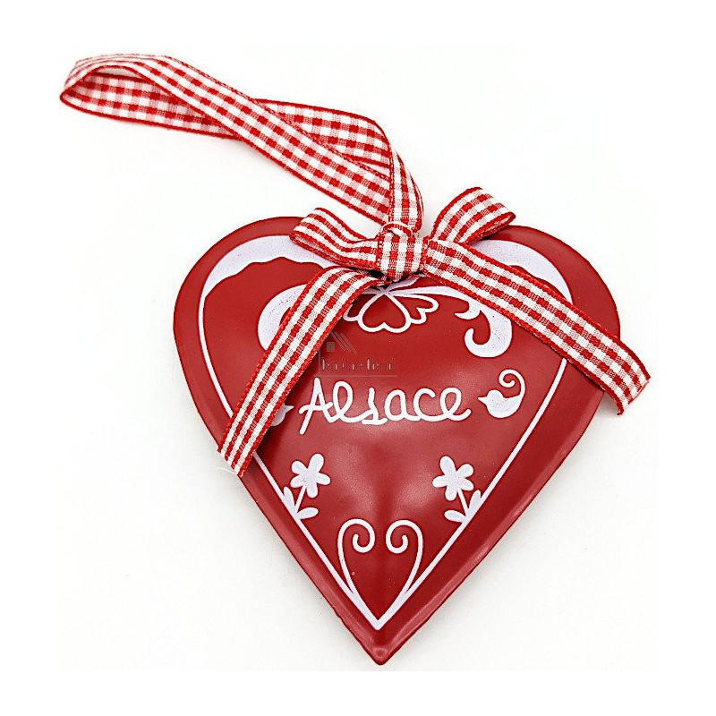 Coeur décoratif Métal Rouge Alsace et ruban Vichy