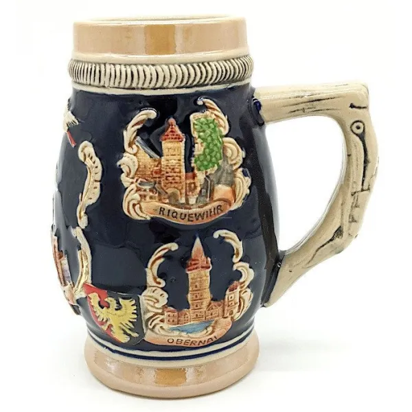 Chope à Bière bombée en Faience décor Villes d'Alsace 50 cl