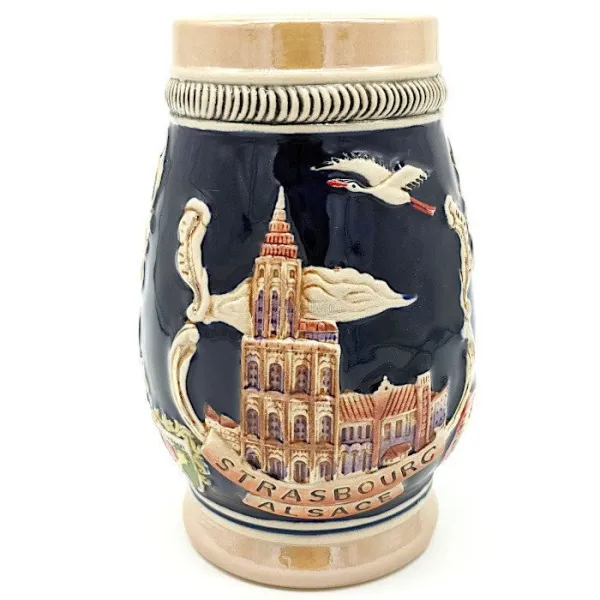 Gewölbter Bierkrug im Fayence-Dekor Städte des Elsass 50 cl