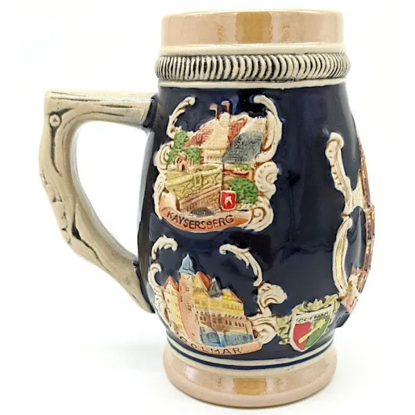Chope à Bière bombée en Faience décor Villes d'Alsace 50 cl
