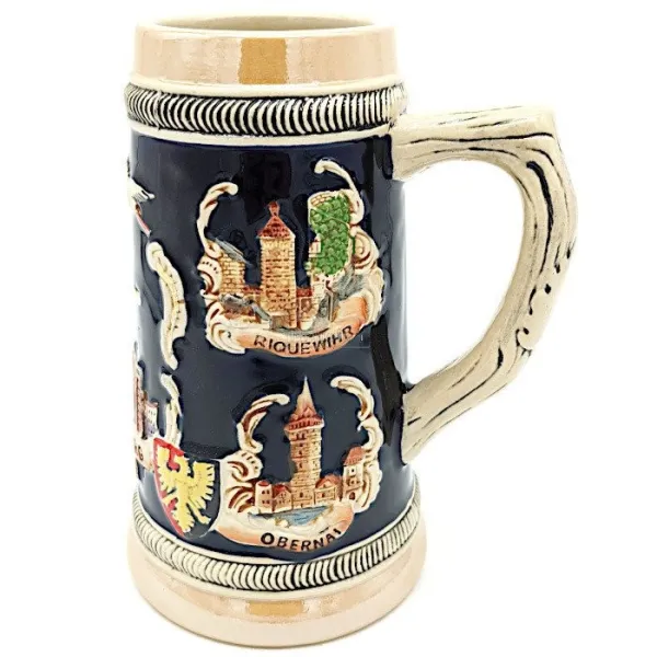 Chope à Bière droite en Faience décor Villes d'Alsace 50 cl