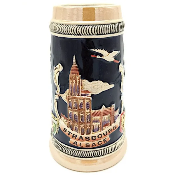 Chope à Bière droite en Faience décor Villes d'Alsace 50 cl