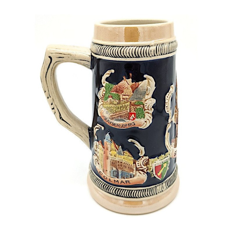 Beer mug straight in Faience decor Cities of Alsace 50 cl