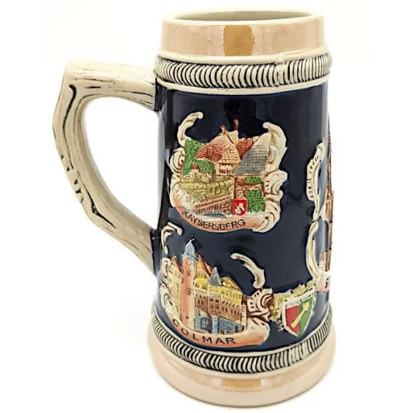 Chope à Bière droite en Faience décor Villes d'Alsace 50 cl