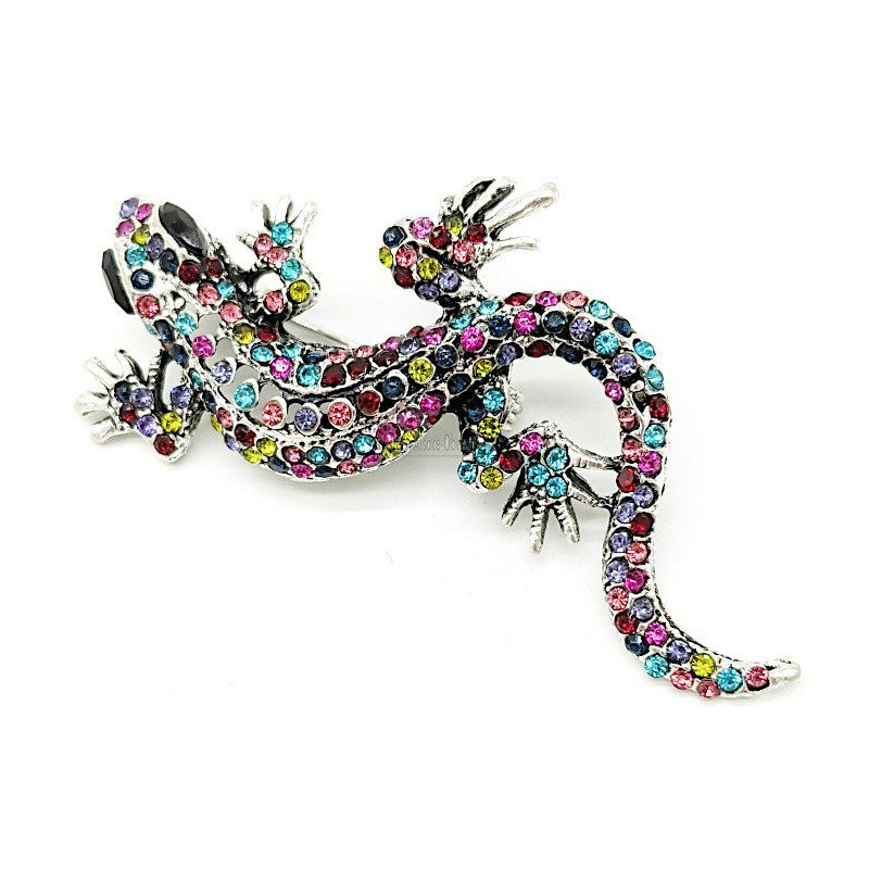 Broche Fantaisie métal vieilli Lézard et Strass multi-couleurs