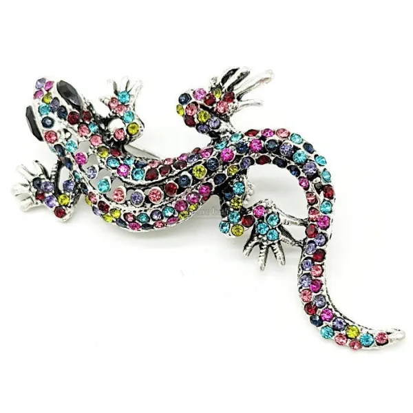 Broche Fantaisie métal vieilli Lézard et Strass multi-couleurs