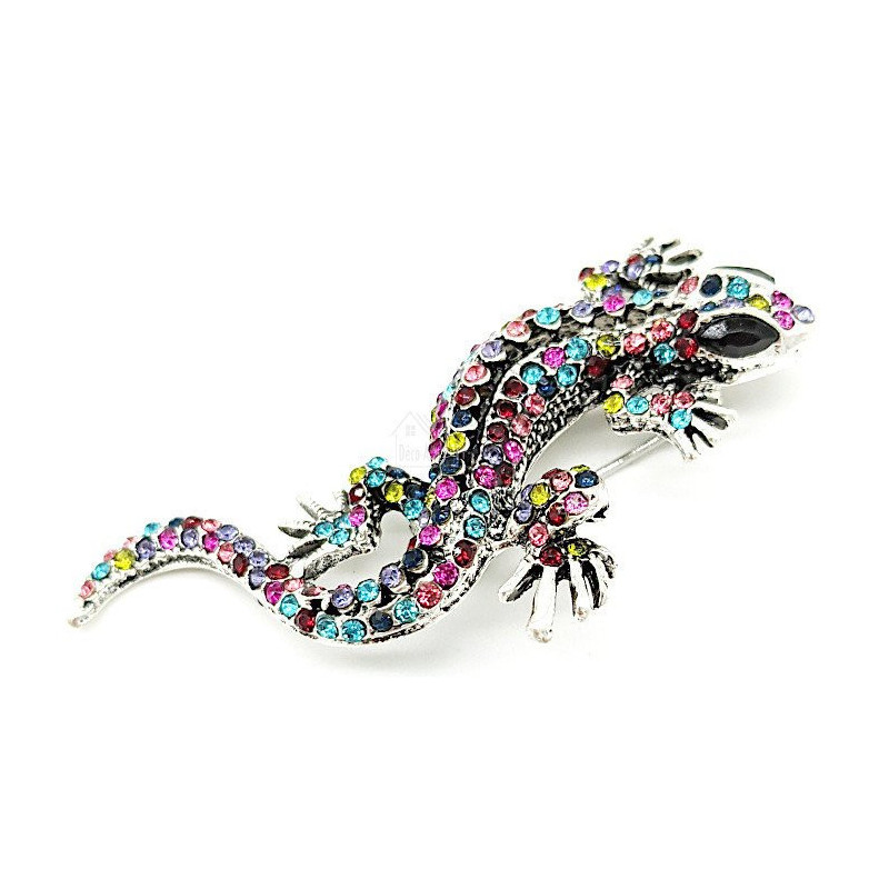 Broche Fantaisie métal vieilli Lézard et Strass multi-couleurs