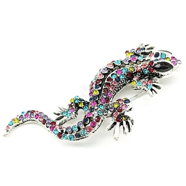 Fancy aged metal brooch Lizard and multi-colored rhinestones