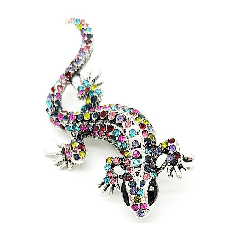 Broche Fantaisie métal vieilli Lézard et Strass multi-couleurs