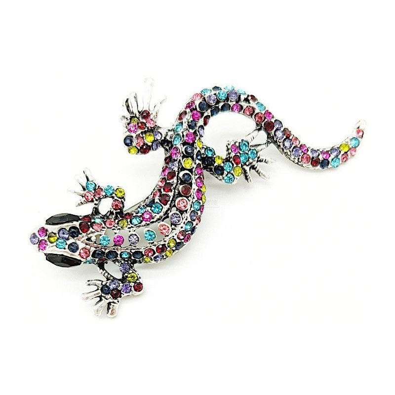 Broche Fantaisie métal vieilli Lézard et Strass multi-couleurs