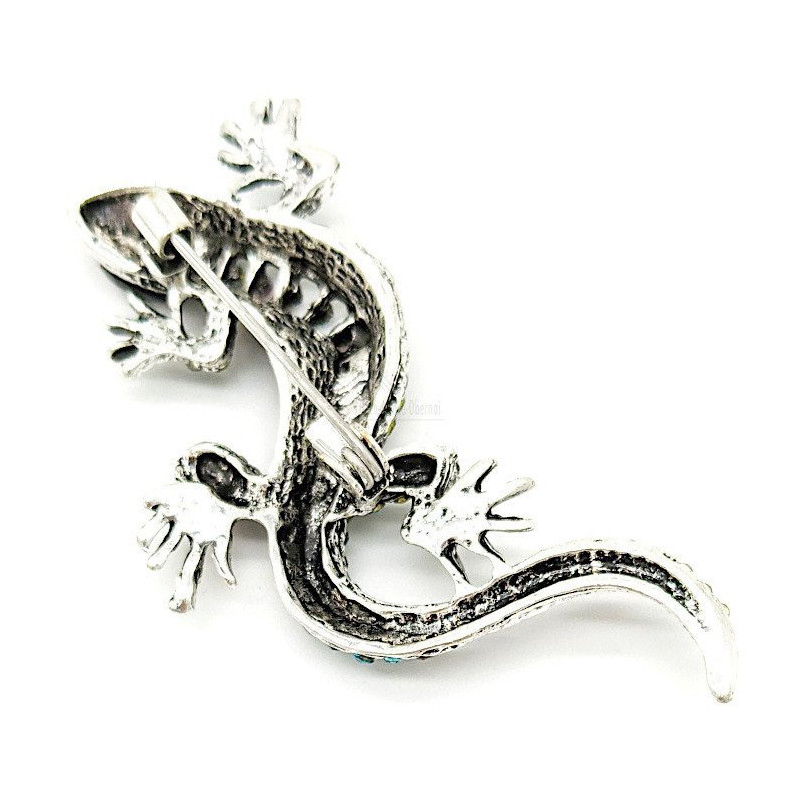 Broche Fantaisie métal vieilli Lézard et Strass multi-couleurs