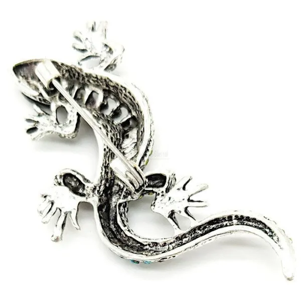 Fancy aged metal brooch Lizard and multi-colored rhinestones