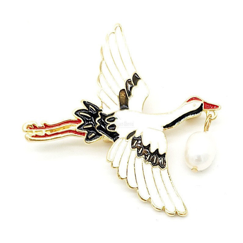 Broche Fantaisie métal dorée Cigogne en Vol et Baluchon en Perle