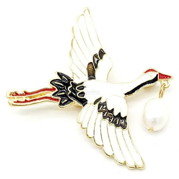 Fancy gold metal brooch Stork in Flight and Baluchon in Pearl