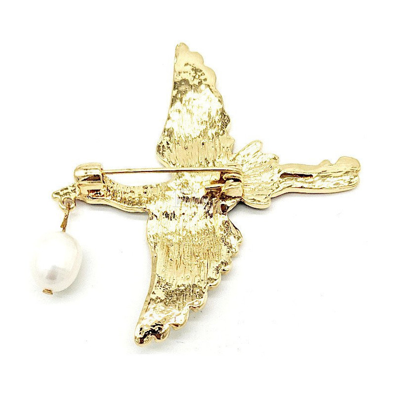 Broche Fantaisie métal dorée Cigogne en Vol et Baluchon en Perle
