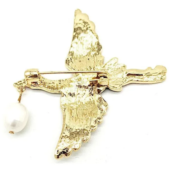 Broche Fantaisie métal dorée Cigogne en Vol et Baluchon en Perle