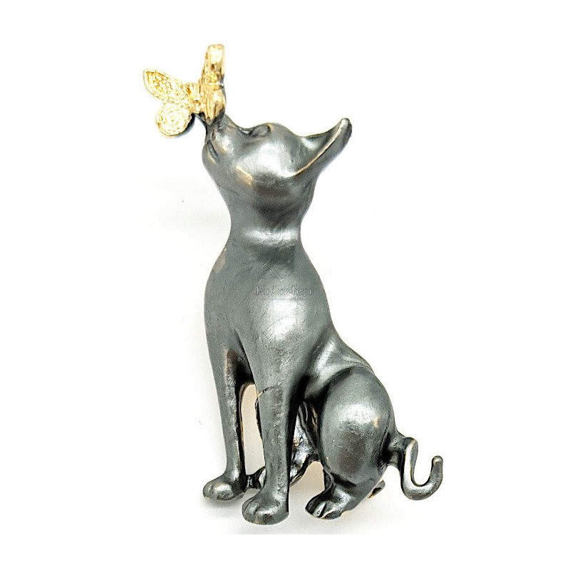 Broche Fantaisie métal dorée Chat gris et Papillon