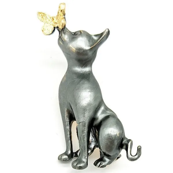 Gold metal fancy brooch Gray Cat and Butterfly