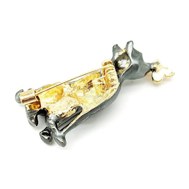 Broche Fantaisie métal dorée Chat gris et Papillon