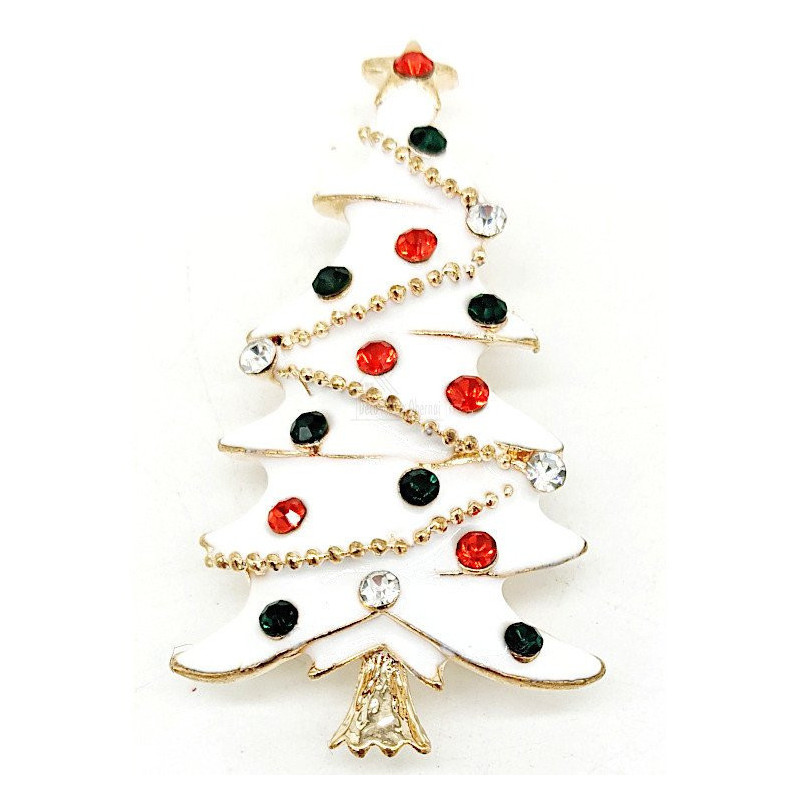 Broche Fantaisie métal doré Sapin de Noël Blanc avec Strass