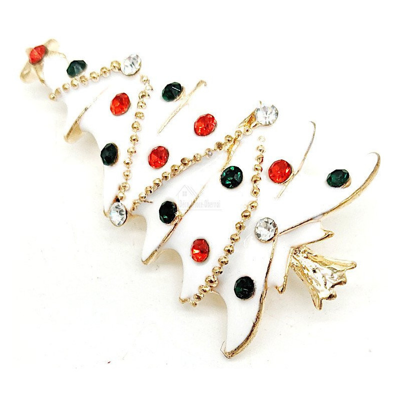 Broche Fantaisie métal doré Sapin de Noël Blanc avec Strass