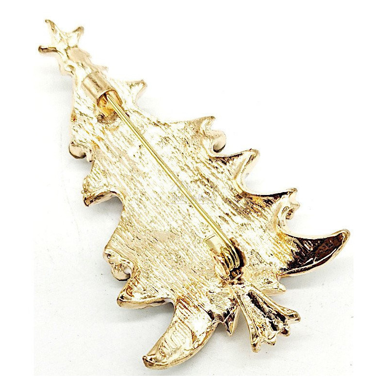 Broche Fantaisie métal doré Sapin de Noël Blanc avec Strass