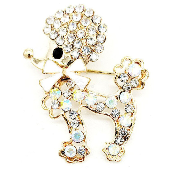 Broche Fantaisie métal doré Caniche avec Noeud