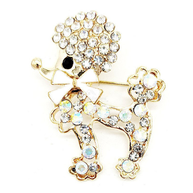 Broche Fantaisie métal doré Caniche avec Noeud