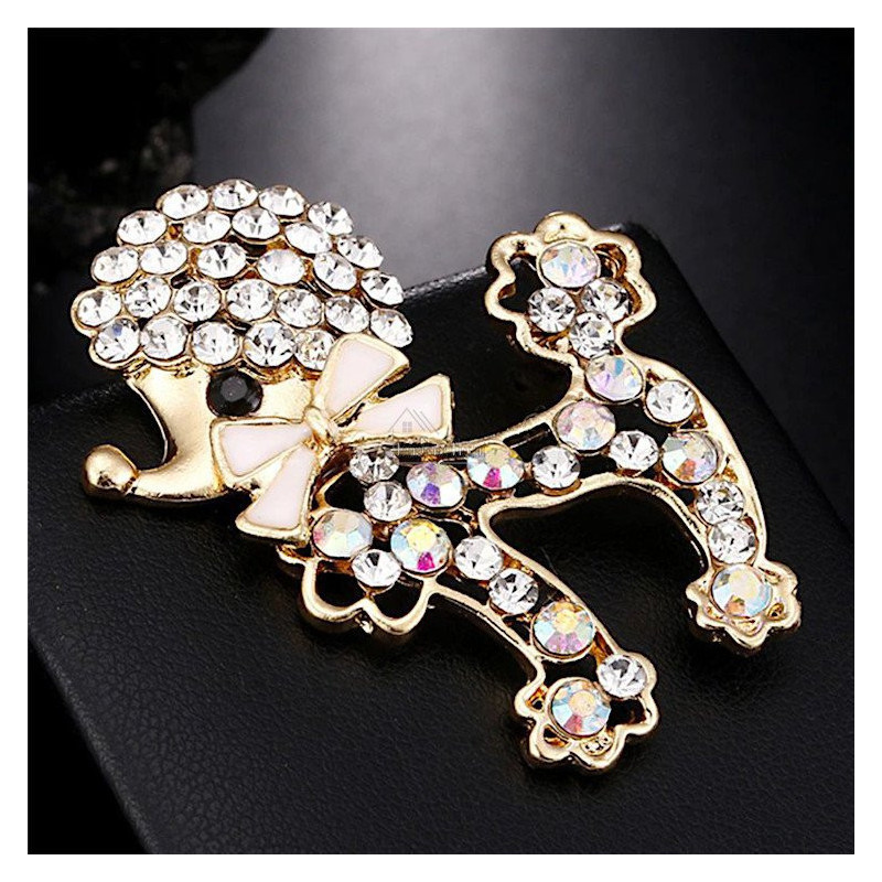 Broche Fantaisie métal doré Caniche avec Noeud