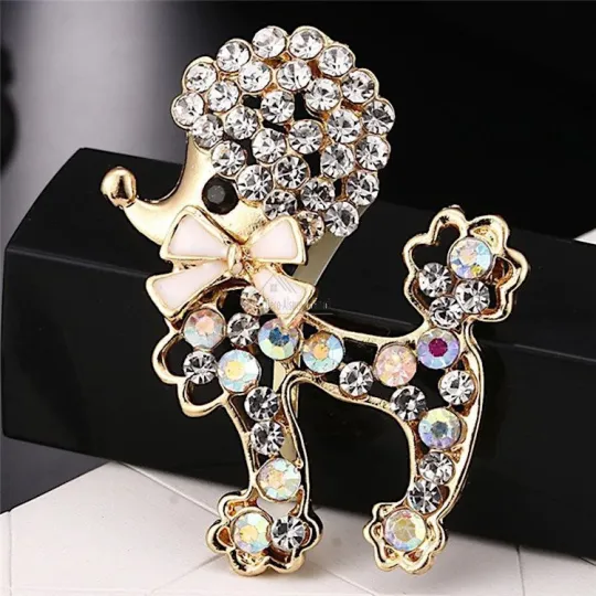 Fancy brooch in gold metal Poodle with Bow