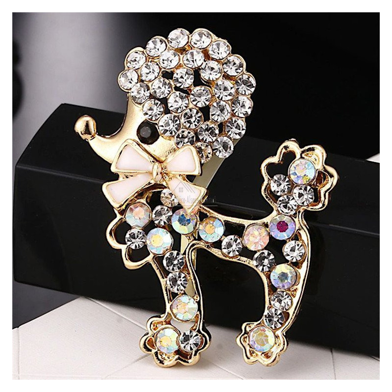 Broche Fantaisie métal doré Caniche avec Noeud
