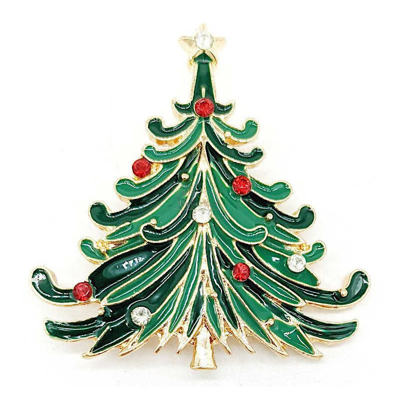 Gold metal fancy brooch Green Christmas tree with rhinestones