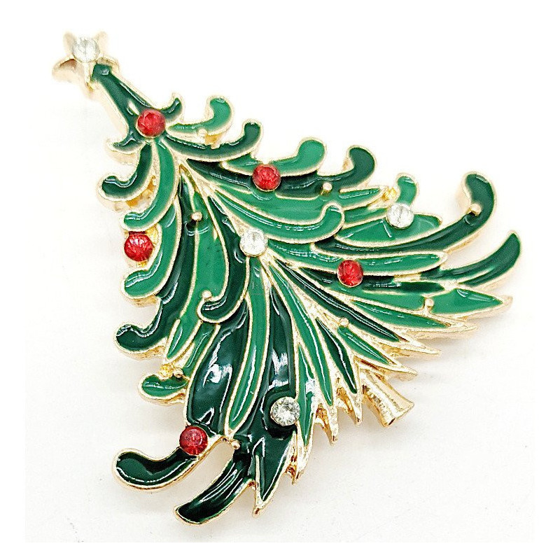 Broche Fantaisie métal doré Sapin de Noël Vert avec Strass