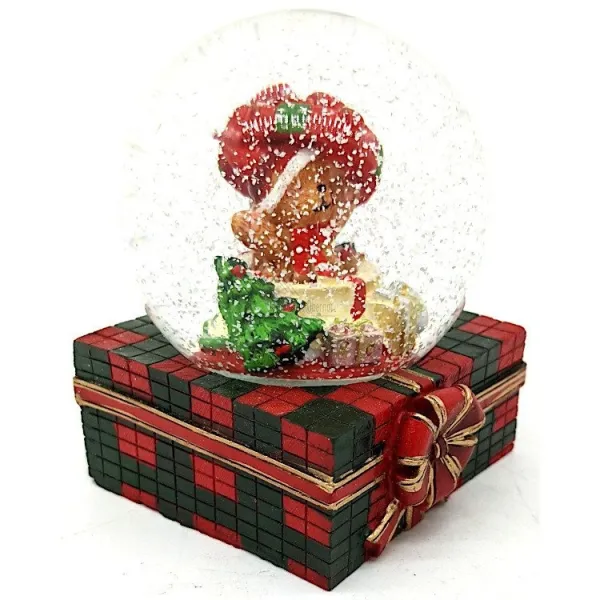 Große Schneekugel mit Teddybär und Geschenken