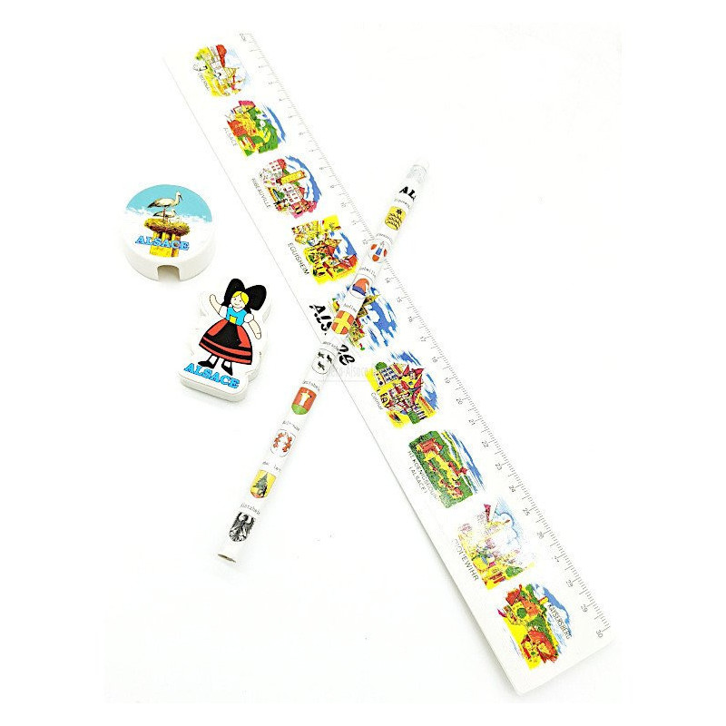 Paper pencil set with eraser, ruler and pencil sharpener with Alsatian towns decor